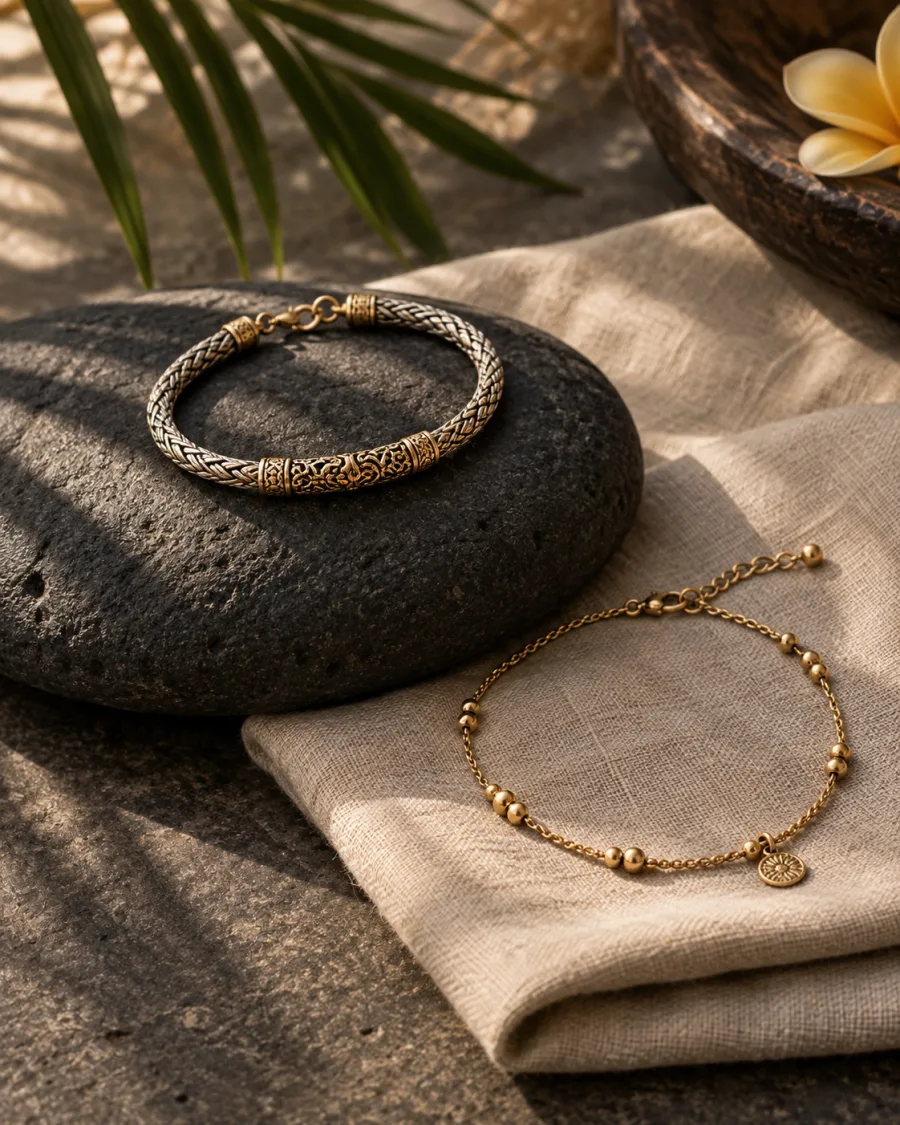Bracelets arranged on linen and dark stone