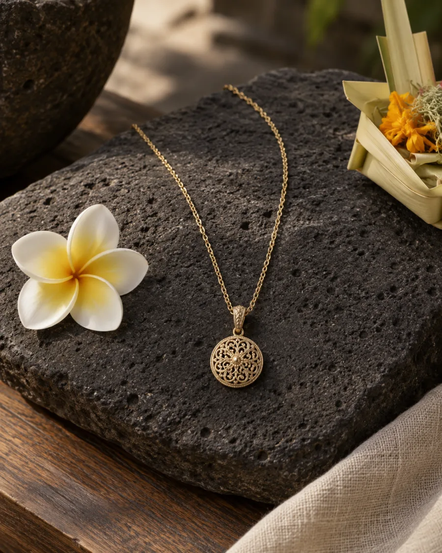 Necklace with a round pendant on dark volcanic stone in Bali