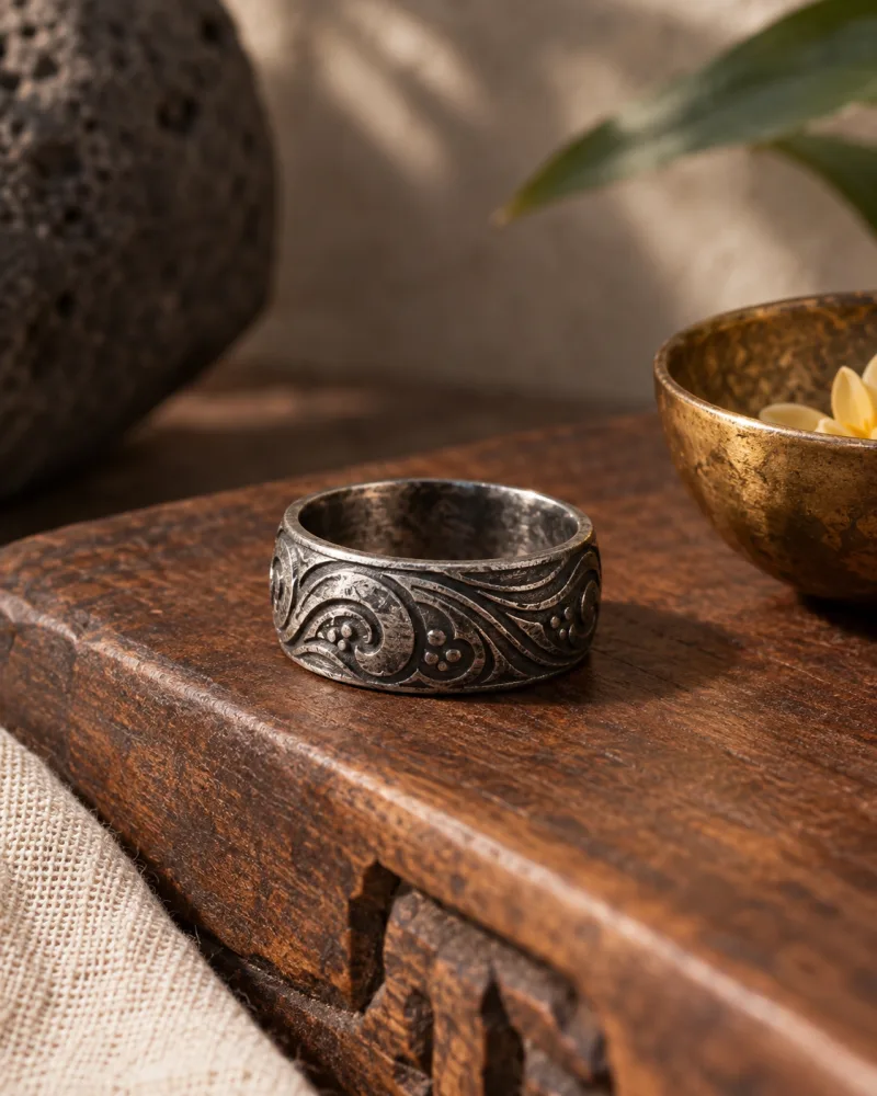 Ring 06. Silver rings on a carved teak box