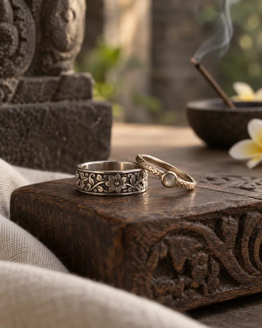 Silver rings on a carved teak box