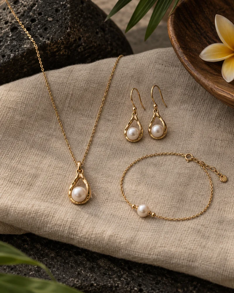 Set 02. Coordinated necklace, bracelet and earrings beside a Balinese offering