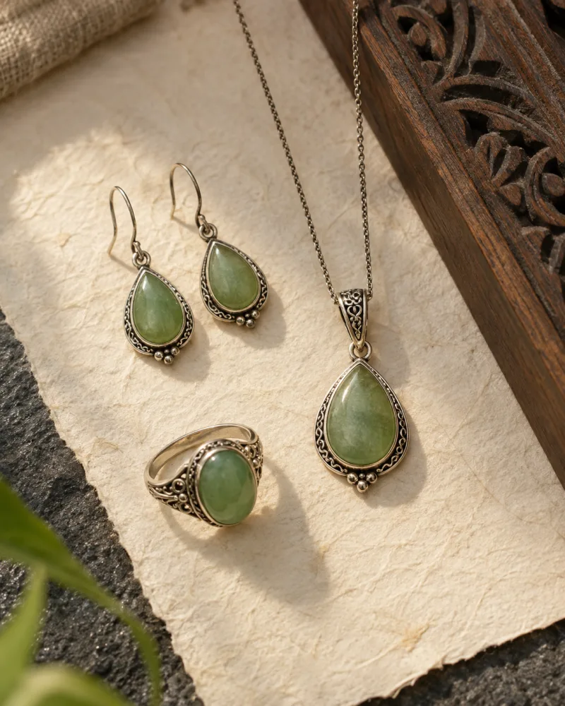 Set 03. Coordinated necklace, bracelet and earrings beside a Balinese offering