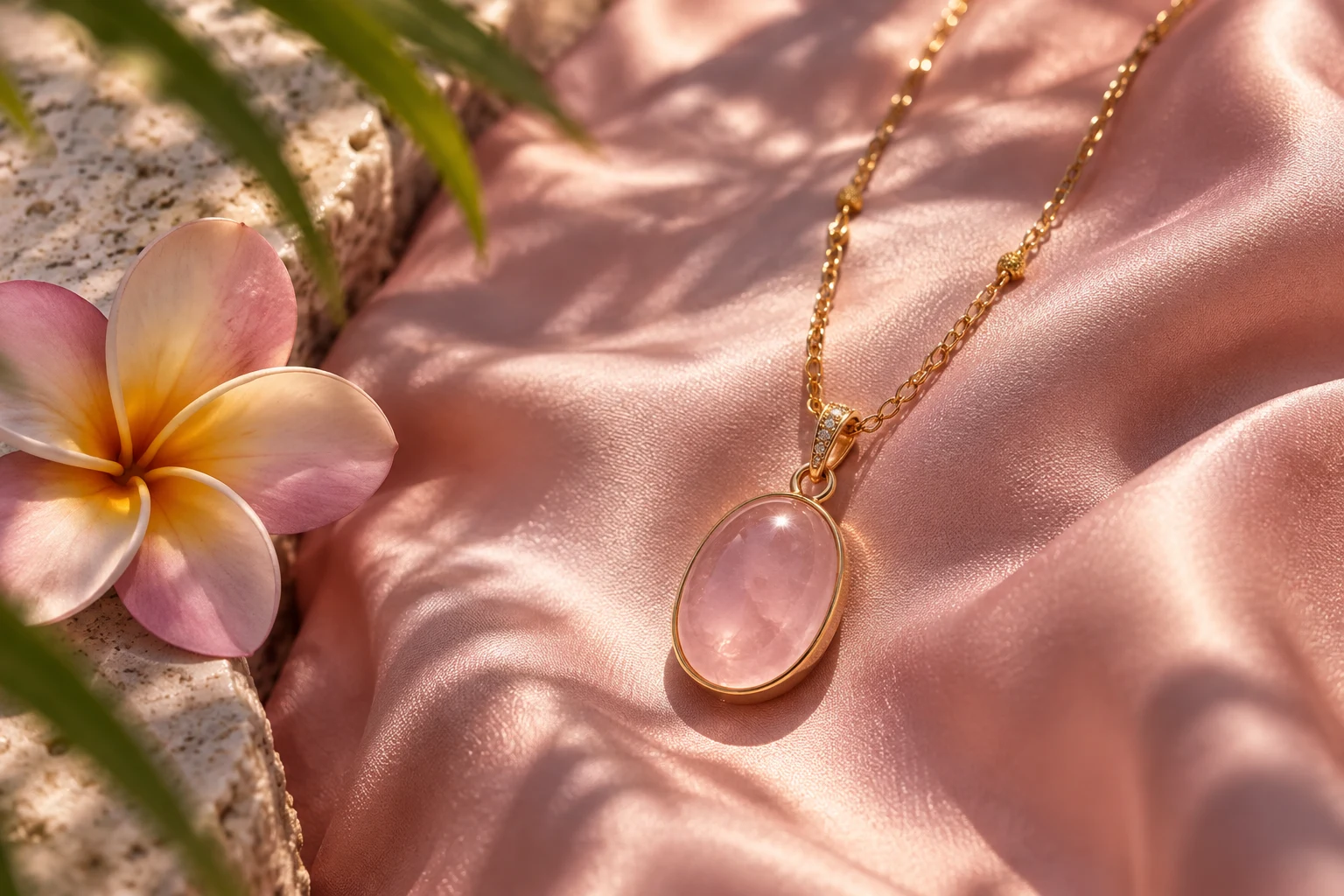 Rose quartz pendant on pink silk beside a frangipani flower