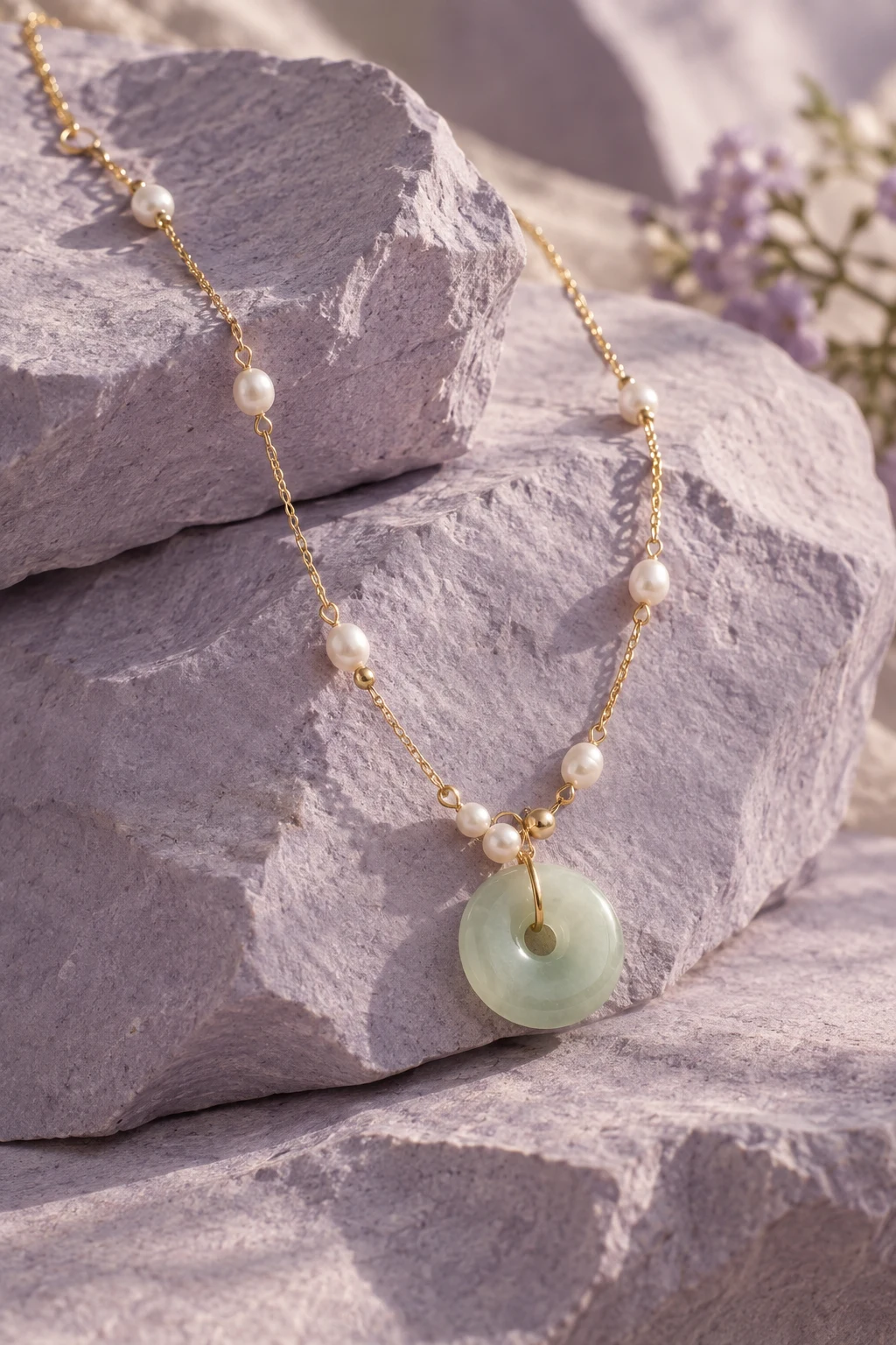 Gold-tone necklace with pale jade and pearls on lilac stone